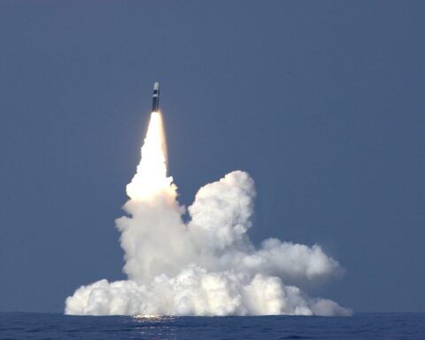 A Trident 2 D5 Missile breaking the surface.